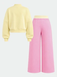SHEIN 青少年女孩秋冬休閒保暖內裡加厚街頭風 Y2K 色塊拼接黃色與粉色拉鍊棒球夾克與配套長褲 2 件套 - 粉色 - 查看 2