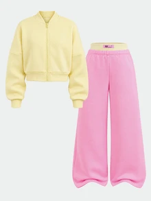 SHEIN 青少年女孩秋冬休閒保暖內裡加厚街頭風 Y2K 色塊拼接黃色與粉色拉鍊棒球夾克與配套長褲 2 件套 - 粉色 - 查看 3