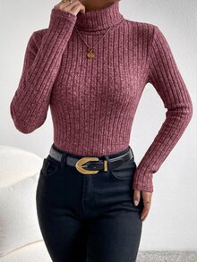 SHEIN Frenchy 長袖高領紋理布料T恤 秋季休閒簡約通勤風 酒紅/波爾多紅 - 中紫紅色 - 查看 5