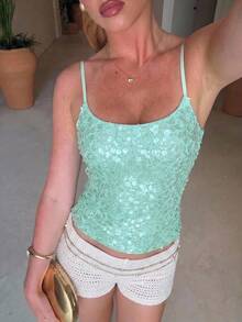 Aloruh Fresh Teal Sequin Cami Top, Versatile Sexy For Vacation Party Night Summer Beach Vacation Boho Y2K Top - Blue - View 6