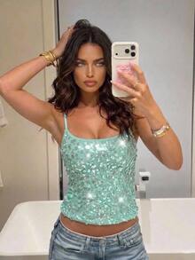 Aloruh Fresh Teal Sequin Cami Top, Versatile Sexy For Vacation Party Night Summer Beach Vacation Boho Y2K Top - Blue - View 3