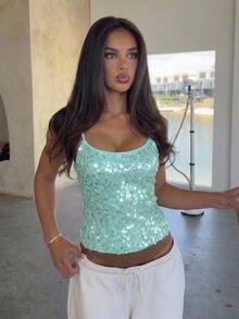 Aloruh Fresh Teal Sequin Cami Top, Versatile Sexy For Vacation Party Night Summer Beach Vacation Boho Y2K Top - Blue - View 4