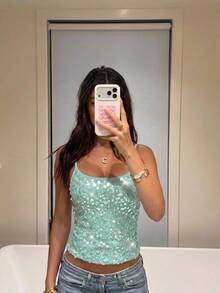 Aloruh Fresh Teal Sequin Cami Top, Versatile Sexy For Vacation Party Night Summer Beach Vacation Boho Y2K Top - Blue - View 7