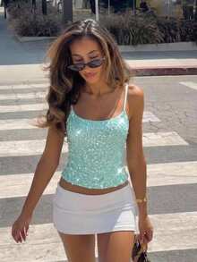 Aloruh Fresh Teal Sequin Cami Top, Versatile Sexy For Vacation Party Night Summer Beach Vacation Boho Y2K Top - Blue - View 8