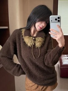 DAZY Autumn/Winter Brown Detachable Faux Fur Collar Tie Loose Casual Sweet Vintage Date Women's Sweater - Brown - View 6
