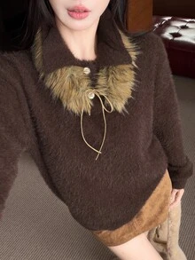 DAZY Autumn/Winter Brown Detachable Faux Fur Collar Tie Loose Casual Sweet Vintage Date Women's Sweater - Brown - View 2