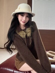 DAZY Autumn/Winter Brown Detachable Faux Fur Collar Tie Loose Casual Sweet Vintage Date Women's Sweater - Brown - View 9