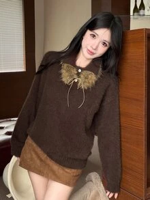DAZY Autumn/Winter Brown Detachable Faux Fur Collar Tie Loose Casual Sweet Vintage Date Women's Sweater - Brown - View 5