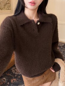 DAZY Autumn/Winter Brown Detachable Faux Fur Collar Tie Loose Casual Sweet Vintage Date Women's Sweater - Brown - View 4