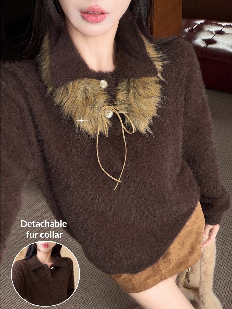 DAZY Autumn/Winter Brown Detachable Faux Fur Collar Tie Loose Casual Sweet Vintage Date Women's Sweater - Brown - View 1
