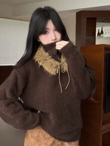 DAZY Autumn/Winter Brown Detachable Faux Fur Collar Tie Loose Casual Sweet Vintage Date Women's Sweater - Brown - View 7