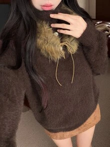 DAZY Autumn/Winter Brown Detachable Faux Fur Collar Tie Loose Casual Sweet Vintage Date Women's Sweater - Brown - View 8