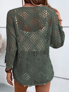SHEIN Holidaya Women's Solid Color Hollow Batwing Sleeve Loose Casual Boho Sweater Vacation Army Green Autumn - Dark Green - View 2