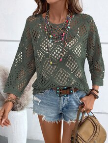 SHEIN Holidaya Women's Solid Color Hollow Batwing Sleeve Loose Casual Boho Sweater Vacation Army Green Autumn - Dark Green - View 5