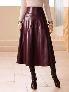 Modelyn Autumn/Winter Solid Color Faux Leather Elegant Patchwork Midi Flare Skirt For Women - Burgundy - View 10