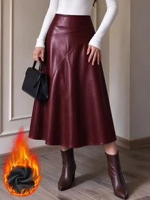 Modelyn Autumn/Winter Solid Color Faux Leather Elegant Patchwork Midi Flare Skirt For Women - Burgundy - View 4