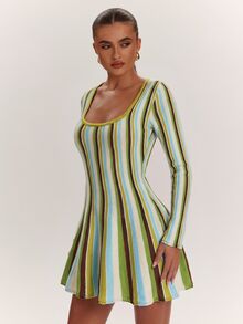 SHEIN BAE Elegant Preppy Casual Slimming Chic Versatile Korean Style Knit Dress For Fall Suitable For Parties Everyday Date And Birthday Green And White Striped - Multicolor - View 1