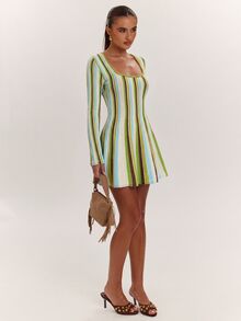 SHEIN BAE Elegant Preppy Casual Slimming Chic Versatile Korean Style Knit Dress For Fall Suitable For Parties Everyday Date And Birthday Green And White Striped - Multicolor - View 3