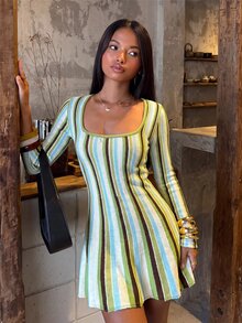 SHEIN BAE Elegant Preppy Casual Slimming Chic Versatile Korean Style Knit Dress For Fall Suitable For Parties Everyday Date And Birthday Green And White Striped - Multicolor - View 9