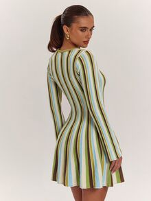 SHEIN BAE Elegant Preppy Casual Slimming Chic Versatile Korean Style Knit Dress For Fall Suitable For Parties Everyday Date And Birthday Green And White Striped - Multicolor - View 2
