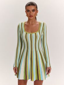 SHEIN BAE Elegant Preppy Casual Slimming Chic Versatile Korean Style Knit Dress For Fall Suitable For Parties Everyday Date And Birthday Green And White Striped - Multicolor - View 8