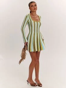 SHEIN BAE Elegant Preppy Casual Slimming Chic Versatile Korean Style Knit Dress For Fall Suitable For Parties Everyday Date And Birthday Green And White Striped - Multicolor - View 4
