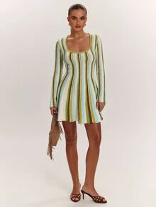 SHEIN BAE Elegant Preppy Casual Slimming Chic Versatile Korean Style Knit Dress For Fall Suitable For Parties Everyday Date And Birthday Green And White Striped - Multicolor - View 5