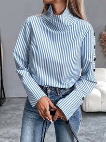 SHEIN 秋冬優雅女款休閒襯衫，鈕扣式藍色條紋襯衫，正式商務、派對、生日、鄉村風、萬聖節、節慶、外出、畢業 - 淺藍色 - 查看 6