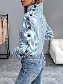 SHEIN 秋冬優雅女款休閒襯衫，鈕扣式藍色條紋襯衫，正式商務、派對、生日、鄉村風、萬聖節、節慶、外出、畢業 - 淺藍色 - 查看 2