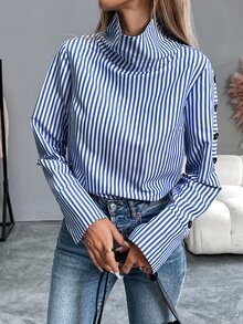 SHEIN PariChic 条纹休闲长袖翻领单排扣蓝色衬衫 - 藍白色 - 查看 6