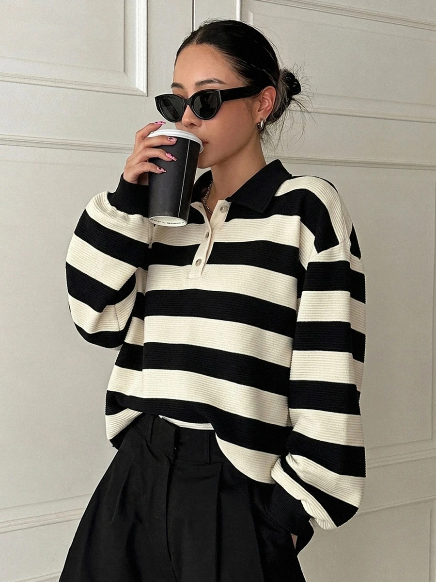 DAZY Women's Striped Drop Shoulder Long Sleeve Polo Collar Casual Loose Pullover Sweatshirt - Black and White - View 1