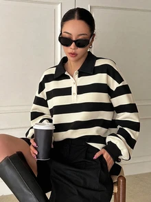 DAZY Women's Striped Drop Shoulder Long Sleeve Polo Collar Casual Loose Pullover Sweatshirt - Black and White - View 4