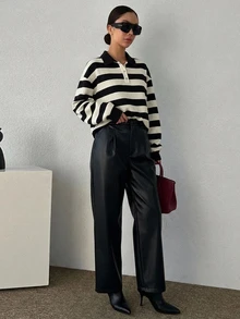 DAZY Women's Striped Drop Shoulder Long Sleeve Polo Collar Casual Loose Pullover Sweatshirt - Black and White - View 3