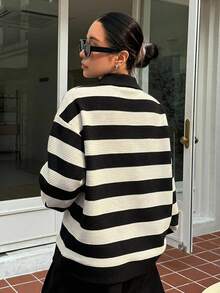 DAZY Women's Striped Drop Shoulder Long Sleeve Polo Collar Casual Loose Pullover Sweatshirt - Black and White - View 2