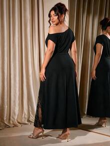 Cravure Women Plus Size Party Date Banquet Cocktail Wedding Simple Elegant Lace Trim Slit Ruched Asymmetrical Neckline Solid Color Dress - Black - View 3