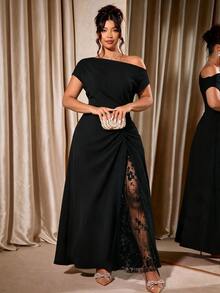 Cravure Women Plus Size Party Date Banquet Cocktail Wedding Simple Elegant Lace Trim Slit Ruched Asymmetrical Neckline Solid Color Dress - Black - View 6