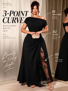 Cravure Women Plus Size Party Date Banquet Cocktail Wedding Simple Elegant Lace Trim Slit Ruched Asymmetrical Neckline Solid Color Dress - Black - View 2