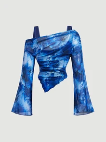 SHEIN MOD Plus Size Vintage Red Print Asymmetrical Shoulder Top, 2 In 1, Early Autumn Flare Sleeve Top, Vintage Casual Wear Fall - Royal Blue - View 3