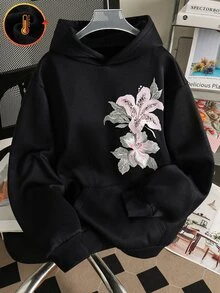 SHEIN Girls' Single Piece Vintage Chinese Style Floral Sweatshirt, Spring/Autumn Loose Fit Drop Shoulder Black Hooded Sweatshirt, Versatile Outerwear - Black - View 9