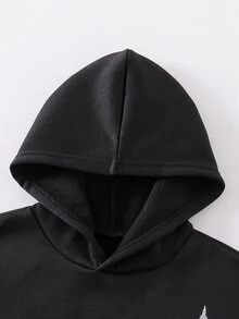 SHEIN Girls' Single Piece Vintage Chinese Style Floral Sweatshirt, Spring/Autumn Loose Fit Drop Shoulder Black Hooded Sweatshirt, Versatile Outerwear - Black - View 4
