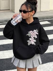 SHEIN Girls' Single Piece Vintage Chinese Style Floral Sweatshirt, Spring/Autumn Loose Fit Drop Shoulder Black Hooded Sweatshirt, Versatile Outerwear - Black - View 8