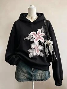 SHEIN Girls' Single Piece Vintage Chinese Style Floral Sweatshirt, Spring/Autumn Loose Fit Drop Shoulder Black Hooded Sweatshirt, Versatile Outerwear - Black - View 1