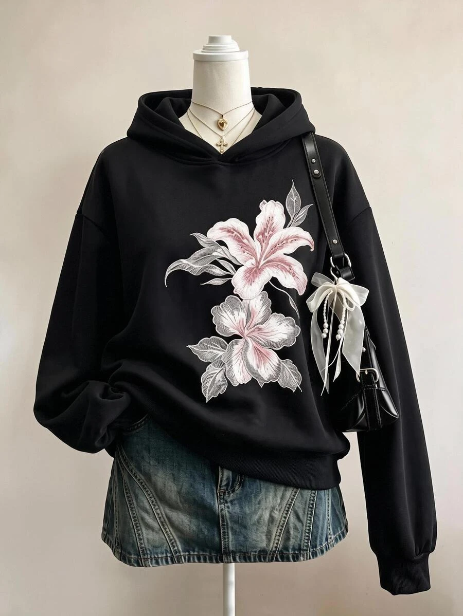SHEIN Girls' Single Piece Vintage Chinese Style Floral Sweatshirt, Spring/Autumn Loose Fit Drop Shoulder Black Hooded Sweatshirt, Versatile Outerwear - Black - View 1