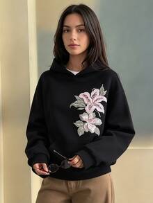 SHEIN Girls' Single Piece Vintage Chinese Style Floral Sweatshirt, Spring/Autumn Loose Fit Drop Shoulder Black Hooded Sweatshirt, Versatile Outerwear - Black - View 7