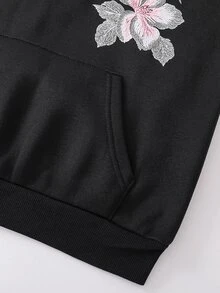 SHEIN Girls' Single Piece Vintage Chinese Style Floral Sweatshirt, Spring/Autumn Loose Fit Drop Shoulder Black Hooded Sweatshirt, Versatile Outerwear - Black - View 3