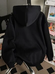 SHEIN Girls' Single Piece Vintage Chinese Style Floral Sweatshirt, Spring/Autumn Loose Fit Drop Shoulder Black Hooded Sweatshirt, Versatile Outerwear - Black - View 2