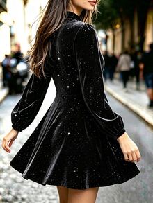 SHEIN Autumn And Winter Sexy Women's Dress Stand-Up Collar Retro Button Design Waist A With Pocket Suitable For Daily Commuting Party Nightclub Christmas - Black - View 3