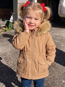 Baby Girl Flap Pocket Fuzzy Trim Hooded Thermal Lined Coat - Khaki - View 1