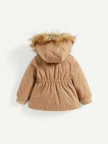 Baby Girl Flap Pocket Fuzzy Trim Hooded Thermal Lined Coat - Khaki - View 3