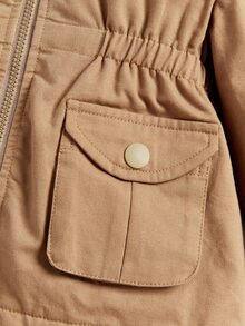 Baby Girl Flap Pocket Fuzzy Trim Hooded Thermal Lined Coat - Khaki - View 4
